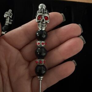 Handcrafted Skull  Cigar Nubber, Poker, Pick, Black  with red crystal And Silver